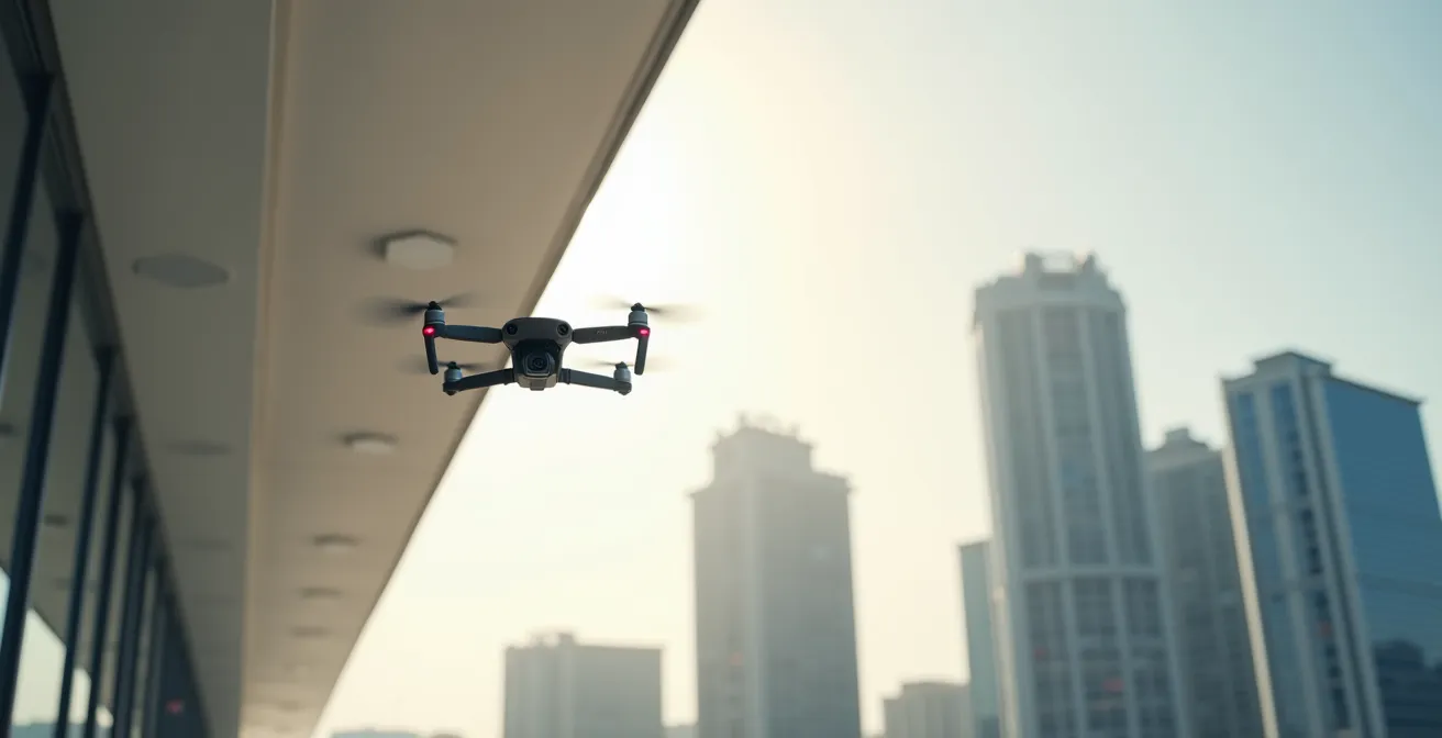 Drone professionnel survolant un bâtiment moderne dans un environnement urbain épuré