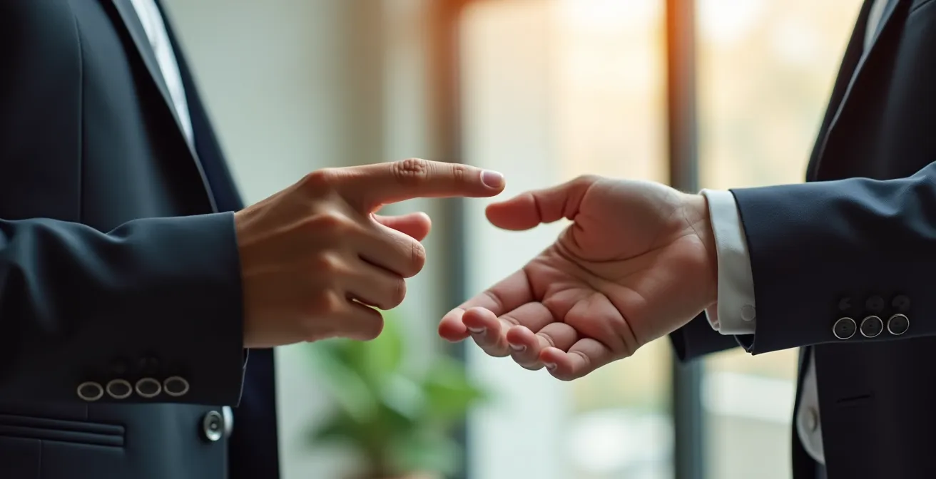 Mains d'inspecteur montrant un détail architectural à un client avec gestes pédagogiques